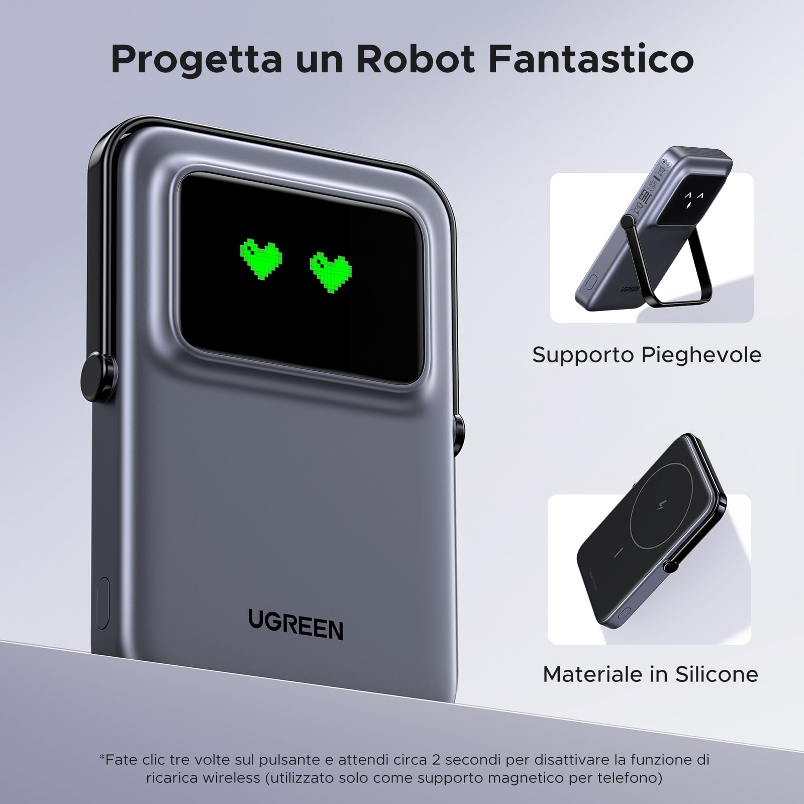 UGREEN Uno Power Bank Magnetico 5000mAh, Caricatore Portatile Wireless PD 20W con Display e Supporto, Compatibile con iPhone 16/15/14/13/12 Mini Plus PRO Max (Nero)