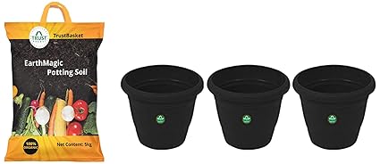 TrustBasket Enriched organic Earth Magic Potting Soil Fertilizer for Plants, 5 Kg & UV Treated Plastic Round Pot (8 Inches) -Black Color -Set of 3