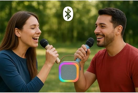 Çift Karaoke Mikrofonlu Pembe Kablosuz Bluetooth RGB Işıklı 5 Ses Efektli Stereo Ses Usb/Sd Hoparlör