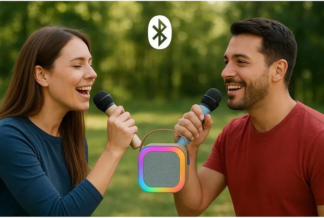 Çift Karaoke Mikrofonlu Pembe Kablosuz Bluetooth RGB Işıklı 5 Ses Efektli Stereo Ses Usb/Sd Hoparlör