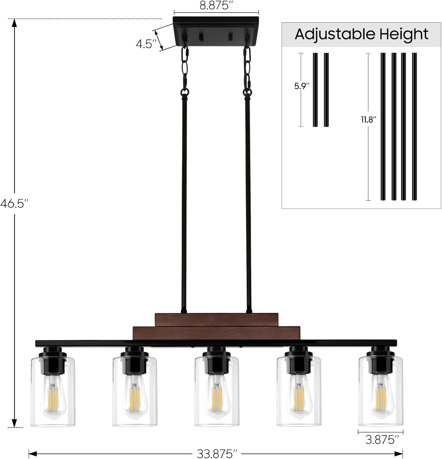 Dining Room Light Fixture Over Table, 5-Light Farmhouse Chandeliers for Dining Room Hanging, Linear Pendant Lights Kitchen Island Lighting, Wood Ceiling Light Fixture with Clear Glass Shade, Black