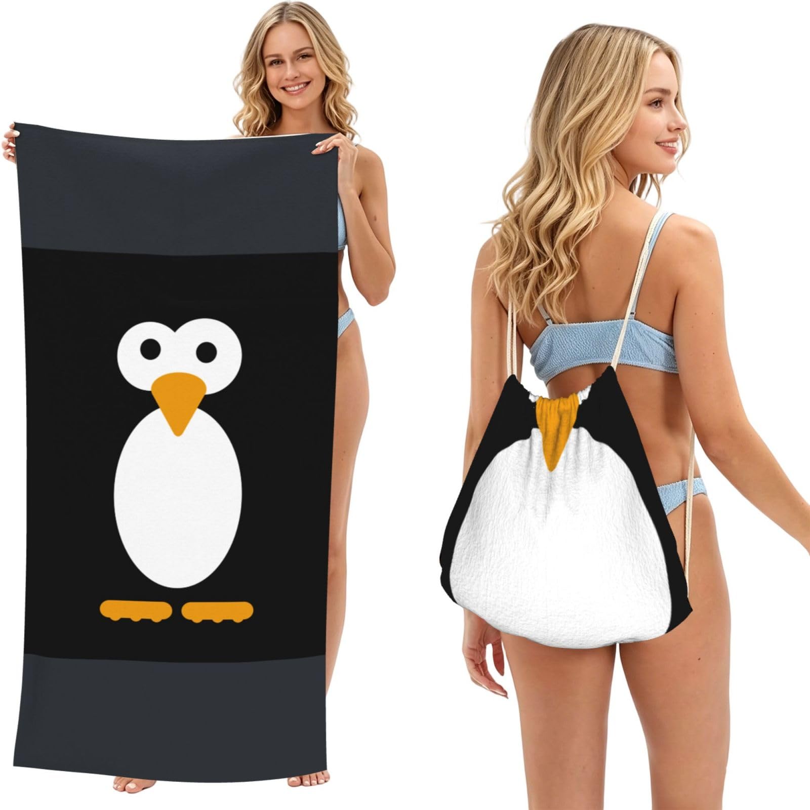 ESNAIUVCD Cute Penguin Print Beach Towel For Adults,Towel With Drawstring Bag, Travel Pool Swimming Sports Shower Sand Free Quick