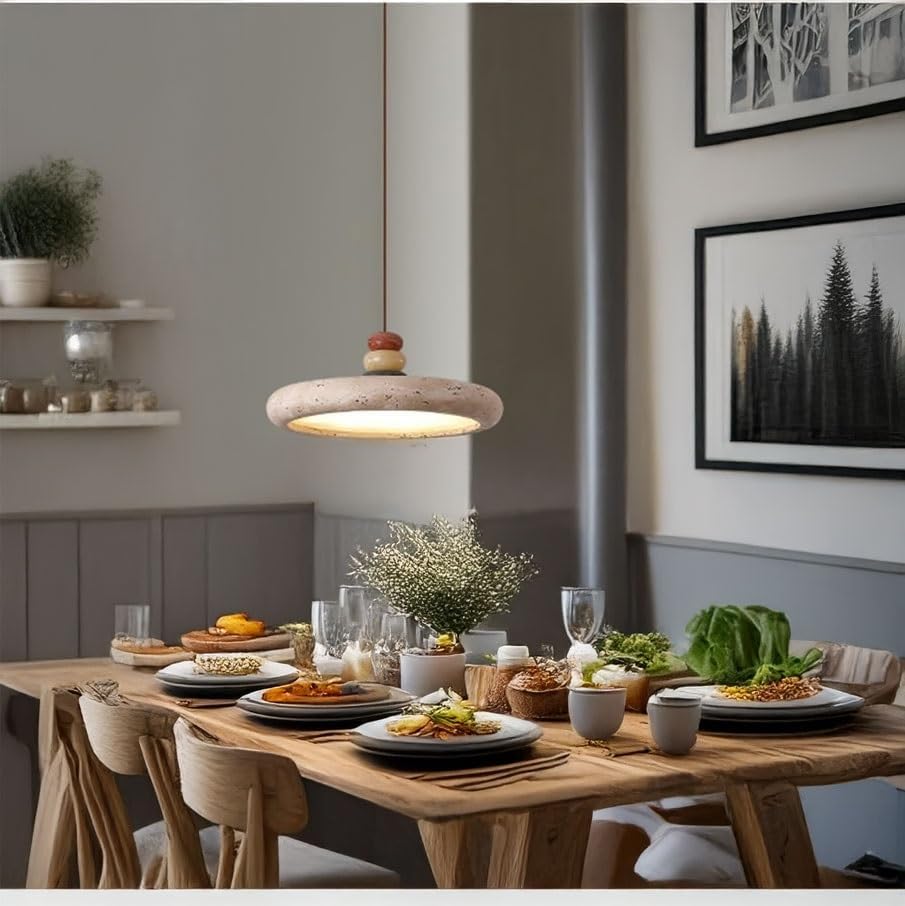 Modern Nordic Travertine Stone Disc Pendant Light, 3-Color Dimming Natural Wood & Colorful Beads Hanging Lamp, Height Adjustable Lighting Fixture, for Dining Room Kitchen Island Bedroom