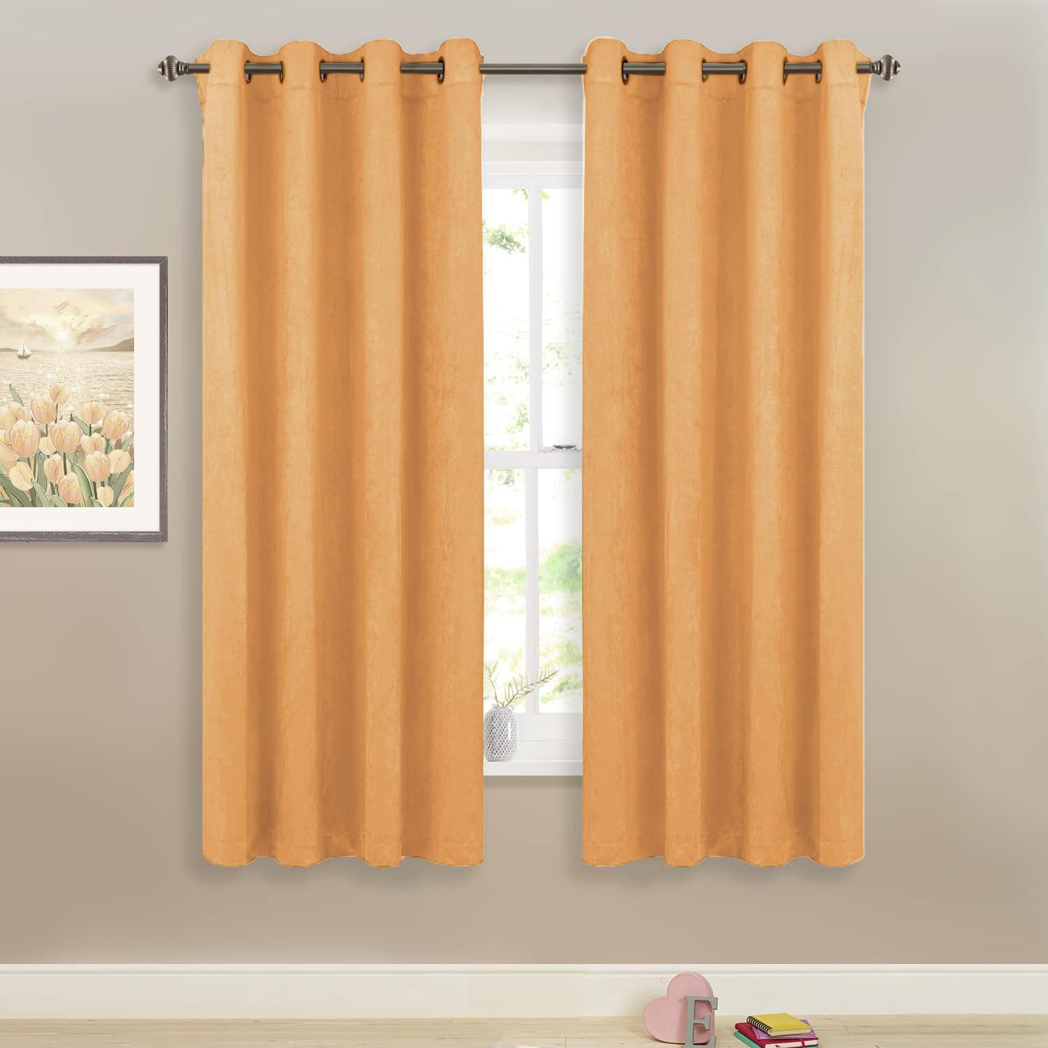 SMILETIME Yellow 63 in Long Velvet Curtains with Grommet, Thermal Insulated Super Soft Privacy Noise Reducing Light Blocking Velvet Curtains for Living Room, 2 Panels, Each 52 x 63 inches Long