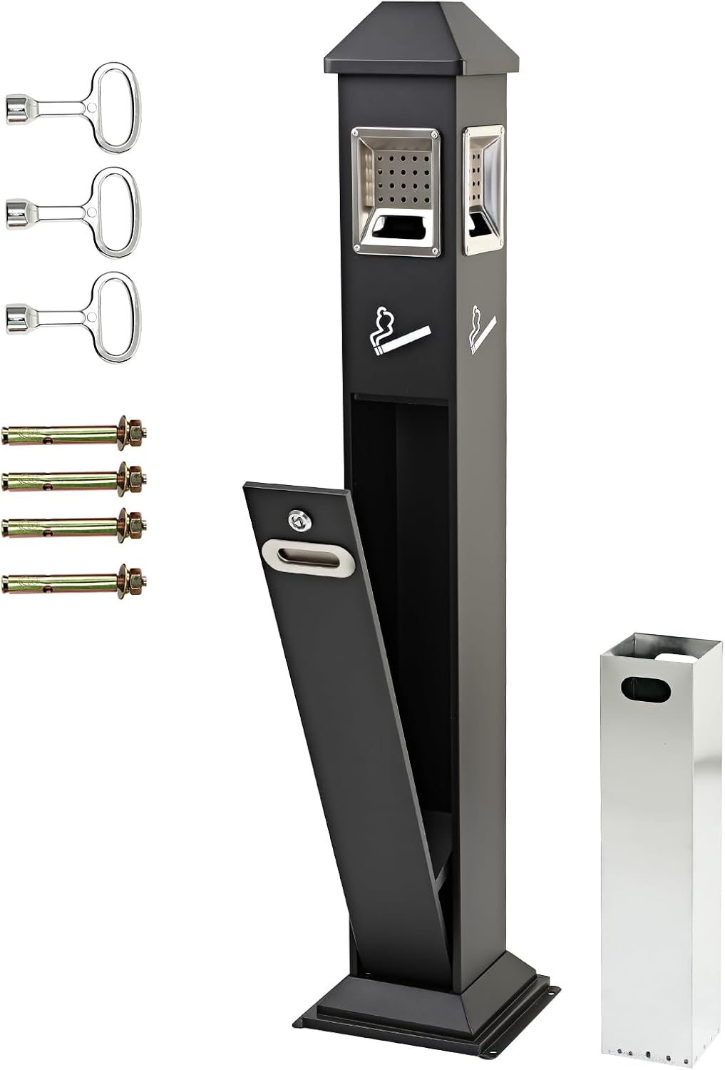 47'' Outdoor Commercial Butt Receptacles Lockable Lid Trash Receptacle, Cigarette Butt Disposal for Hotel, Restaurant, Office, Patio, Driveway-Black