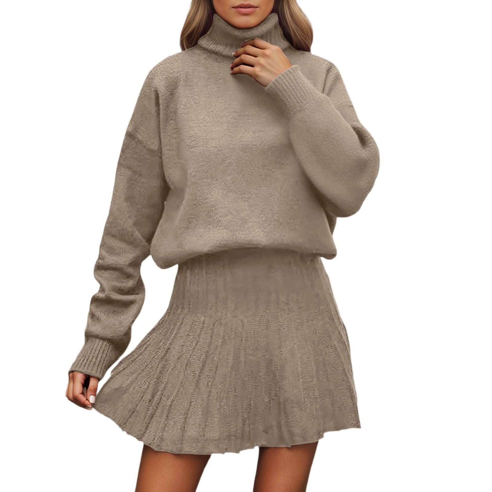 Conjunto de falda de 2 piezas para mujer, de manga larga, cuello alto, jersey y minifalda, monocolor, para invierno, otoño, falda plisada, traje de punto deportivo, traje de casa