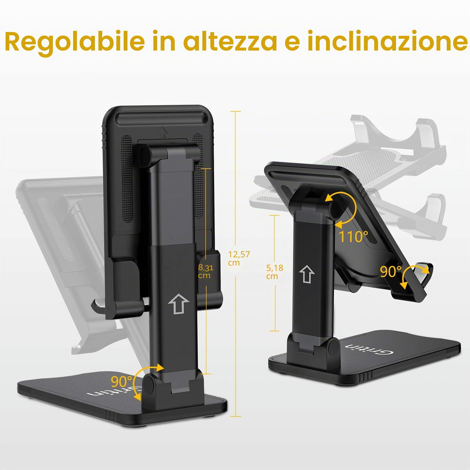Gritin Supporto Tablet Regolabile Antiscivolo Pieghevole Compatibile iPad 12.9 11 10.5 9.7 Air Mini 2 3 4 Tutti i Tablet 4-12.9"