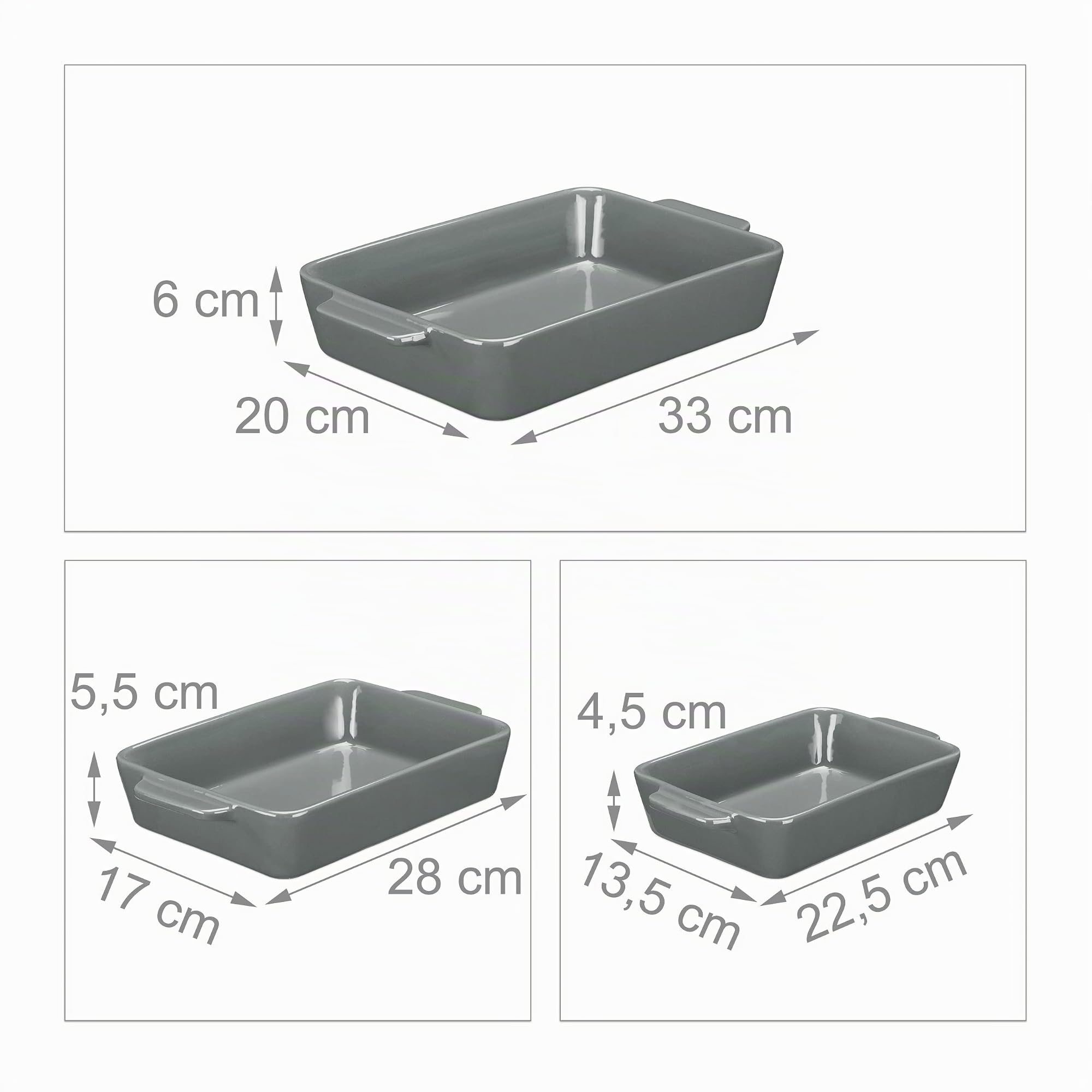 Relaxdays Set da 3 Teglie in Ceramica, Pirofile Rettangolari, per Forno, Frigo, Lavastoviglie, Lasagne, Manici, Grigio