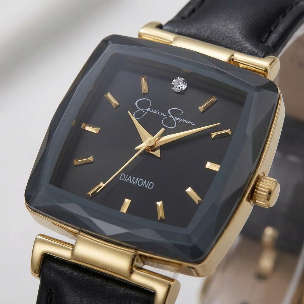 Jessica Simpson Diamond Collection Women's Square Dial Watch, Leather Strap, Classic Quartz Movement, Elegant Dress Watch - Image 2