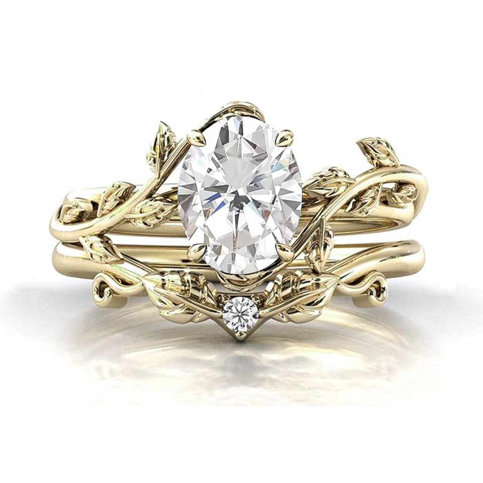 Moissanite or Lab Grown Diamond Engagement Ring 1ct Oval Cut Wedding Ring Sets for Women Art Deco Vine Leaf Moissanite Bridal Sets Moissanite Engagement Ring Set Promise Ring(D Color, VVS Clarity)3