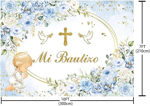 Miniatura 7 de AIBIIN Telón de fondo de 7 x 5 pies Mi Bautizo de bautismo mexicano, fondo azul para baby shower, para niños, Dios bendiga la primera comunión,