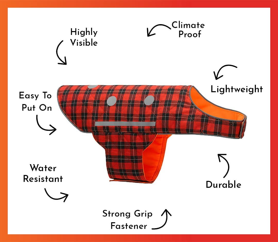 SPOT THE DOG! Reflective Adjustable Dog Vest, High Visibility Fluorescent Apparel for Walking, Hiking and Camping, Hunting, On or Off Leash (Blaze Orange, Red Plaid, XL)