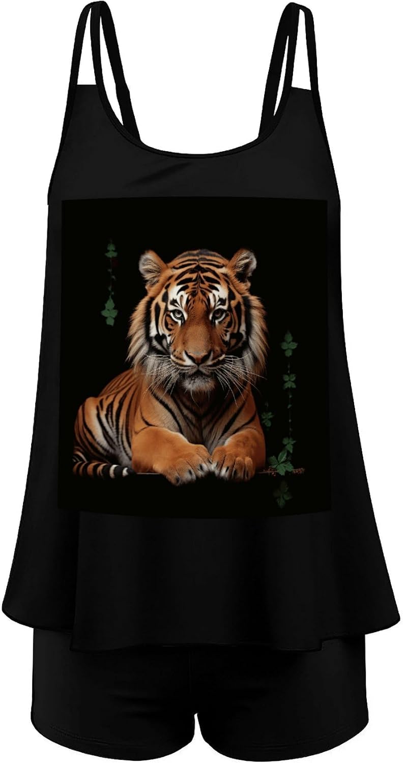 with Tiger and Paws Tankini Swimsuits for Women Tummy Control Two Piece Bathing Suits Swim Tops with Boy Shorts
