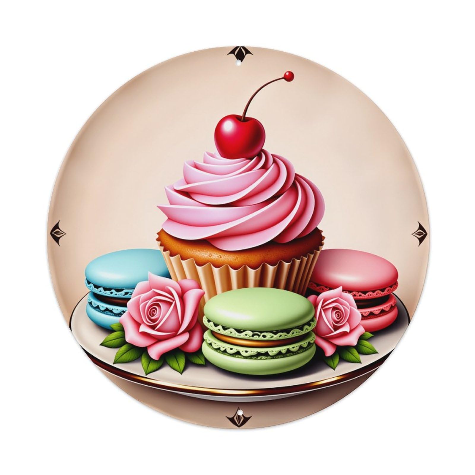Cupcake Macarons Roses Cherry Plate Round Tin Sign Vintage Style Metal Sign Home Bar Garden Wall Plaque Decor Metal Poster 8x8 Inch