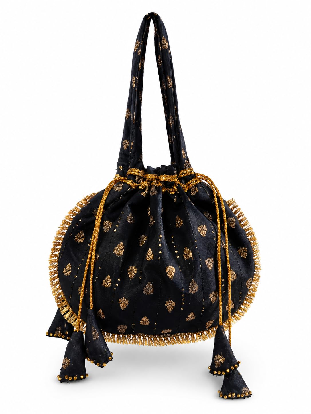 Black and Gold Brocade Potli Bag with Fringe and Tassel Detail, Set of 2-image-0