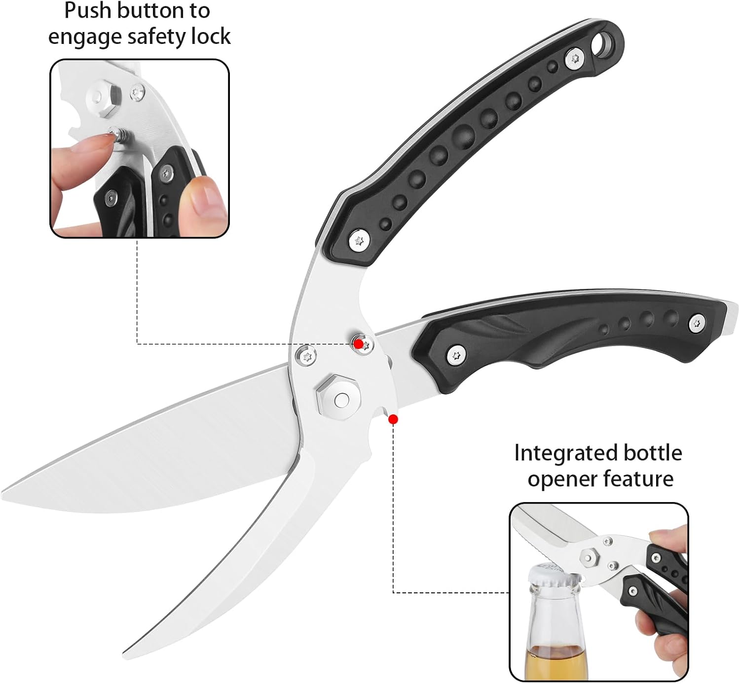 Poultry Shears, 10 Inch Detachable Heavy Duty Kitchen Scissors | Meat scissors for chicken joints, fish and vegetables with secure grip, safety lock and bottle opener
