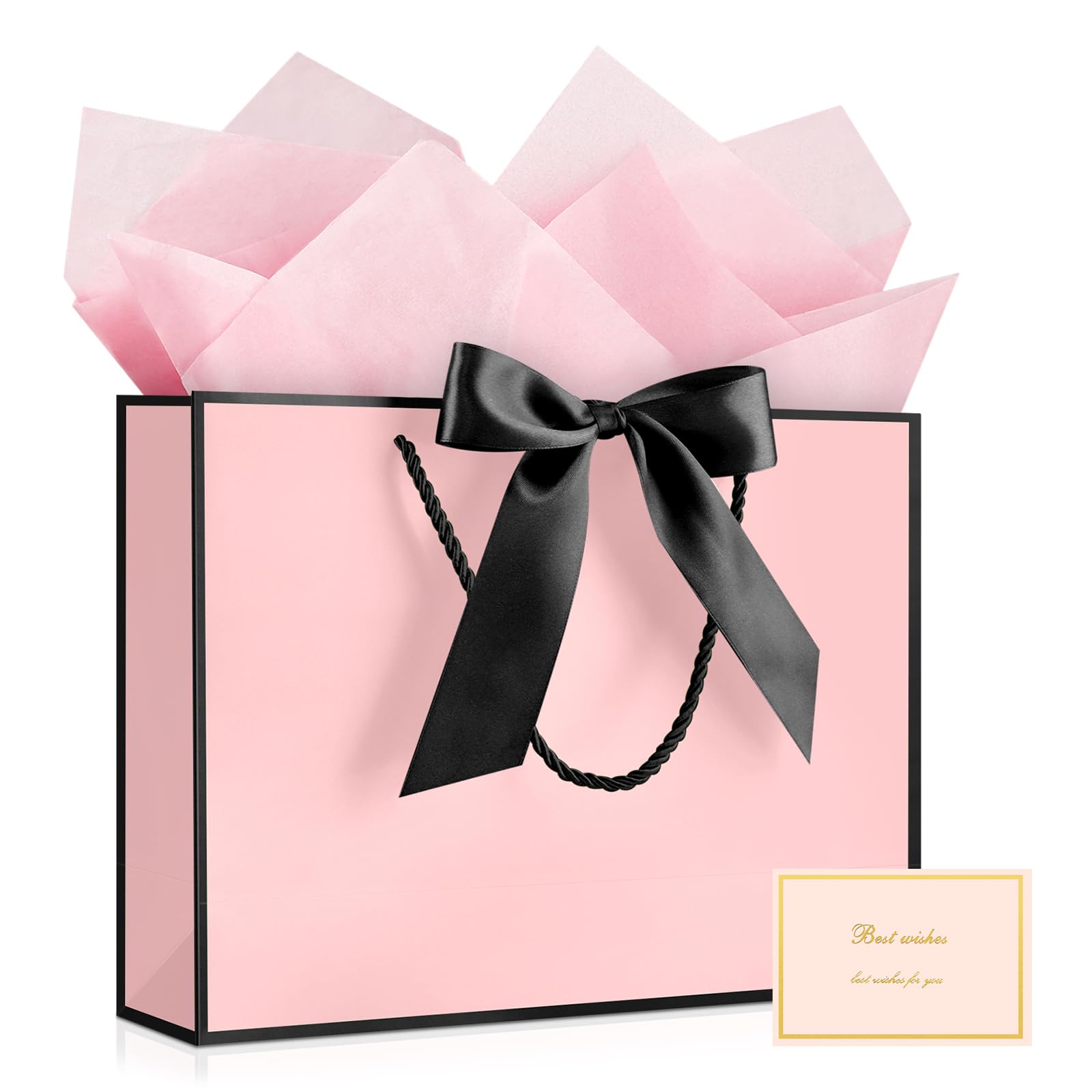 YoungTree 1PCS Large Gift Bag with Ribbon and 1 Greeting Card 2 Tissue Papers,Paper Gift Bag with Handles, Birthday Gift Bags,Present Bags for Wedding Party,Mothers Day.12.6" x 9.8" x 4.3"Pink-Black — image 1