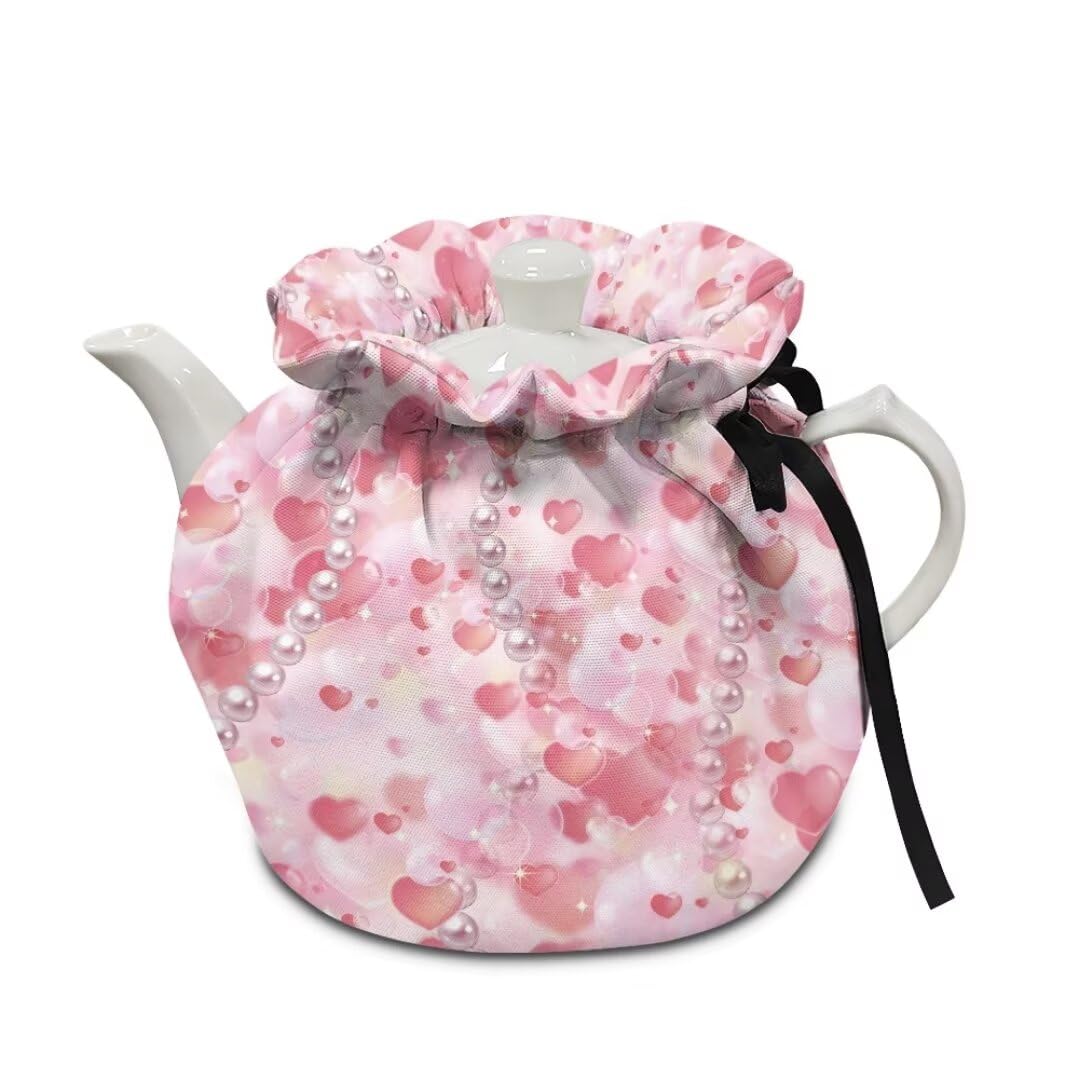 Youngerbaby Pink Hearts Tea Cosy Kitchen Home Decorative Tea Pot Pouch Home Kitchen Decor Universal Fit Keep Warm Coffee Pot Cover Valentine's Day Gift