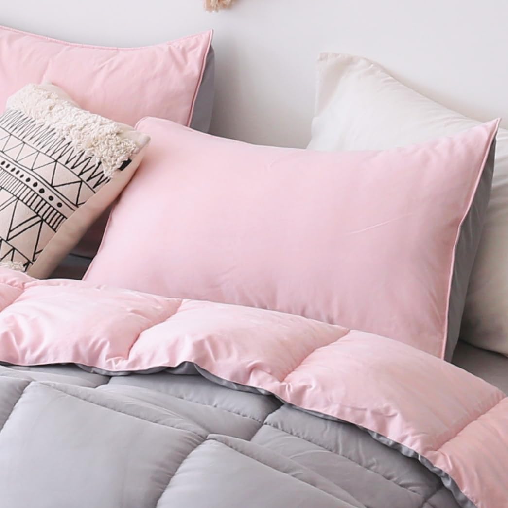 KASENTEX All Season Pillow Shams - Reversible Ultra Soft Hypoallergenic Machine Washable, Set of 2 King Size 20x36in, Swift Pink/Grey