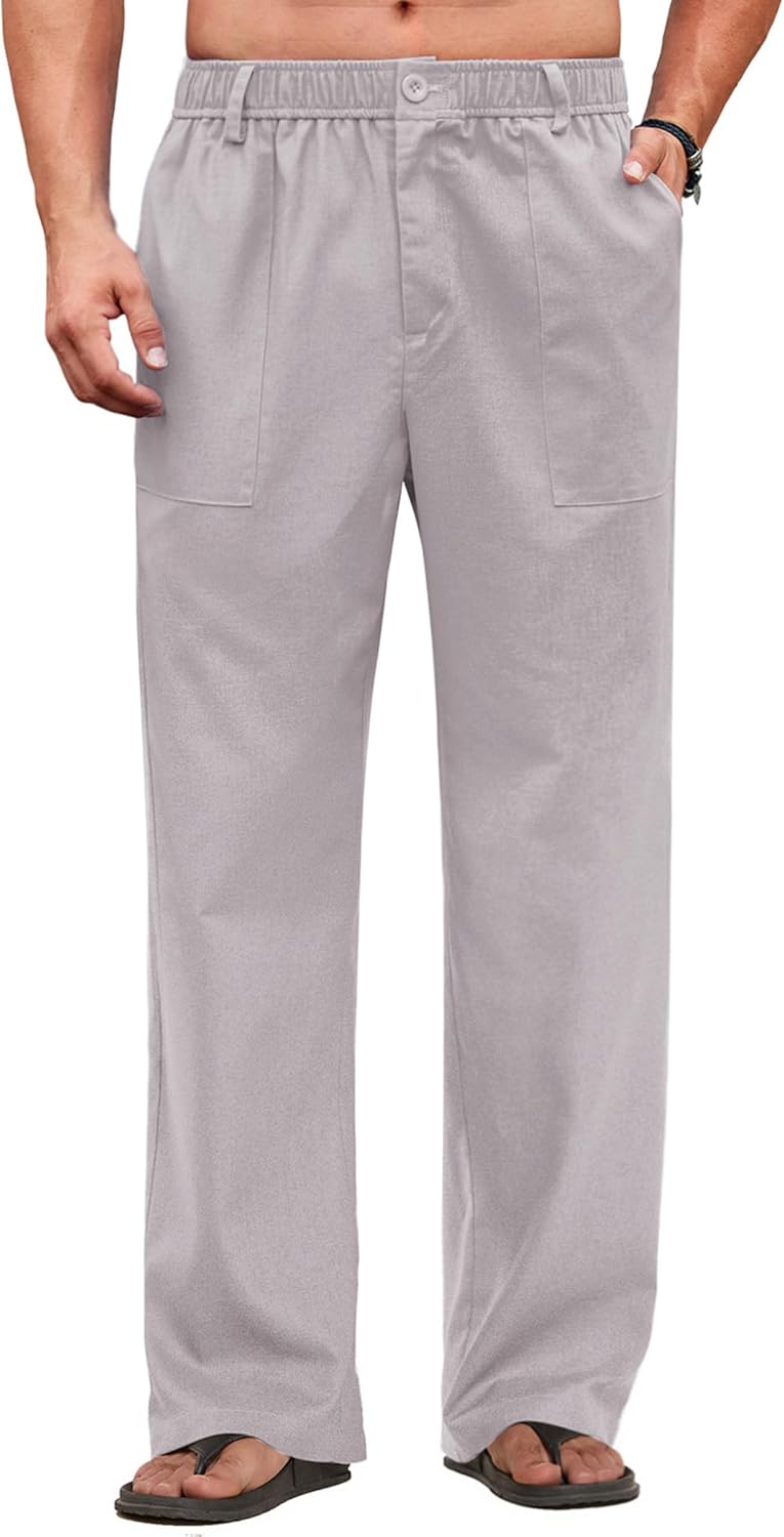 COOFANDY Men’s Casual Linen Cotton Pants Elastic Waist Summer Beach Trousers Lightweight Yoga Vacation Pants
