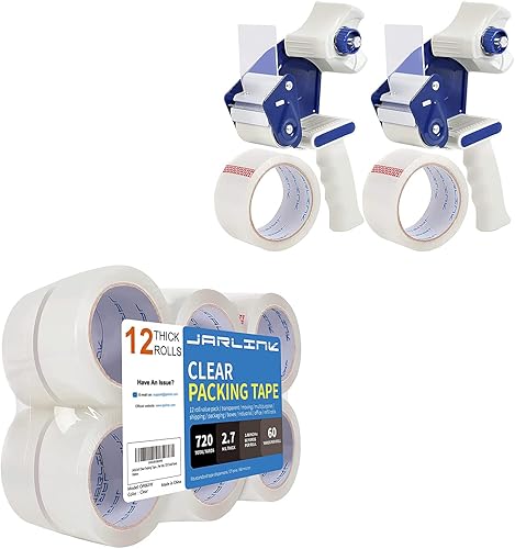 JARLINK Pistola dispensadora de cinta de embalaje (paquete de 2) con 2 rollos de cinta con cinta de embalaje (12 rollos) para envío, embalaje y