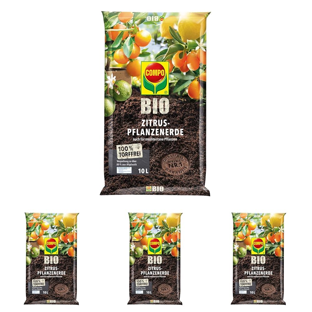 COMPO Bio Zitruspflanzenerde, Erde auch für mediterrane Pflanzen geeignet, Torffrei, 10 Liter, Unzutreffend (Packung mit 4)