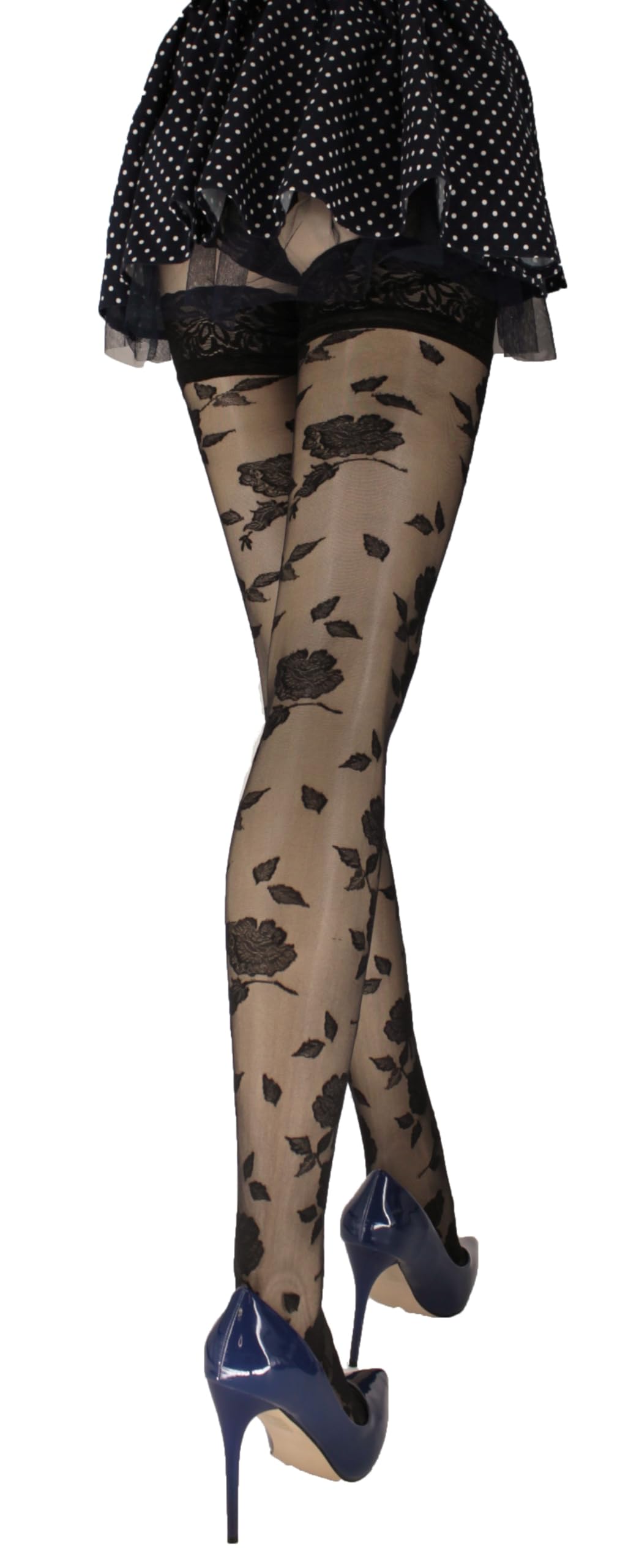 Just Beauty Touch Women's Black Rose Patterned Hold Up Stockings With Lace Top Stay Ups 20 Denier