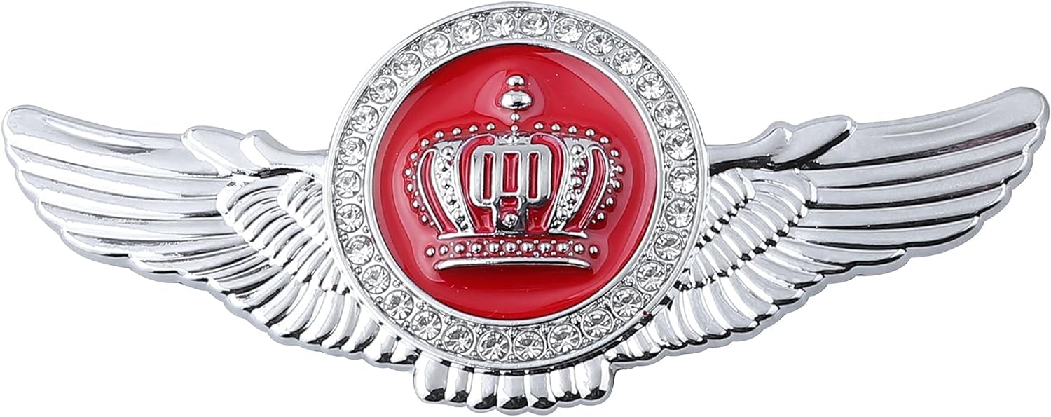 OAN Winged King Crown Emblem Sticker for All Cars, Bikes, Metal (Silver with Red) Size: 11cm x 4.5cm x 2mm