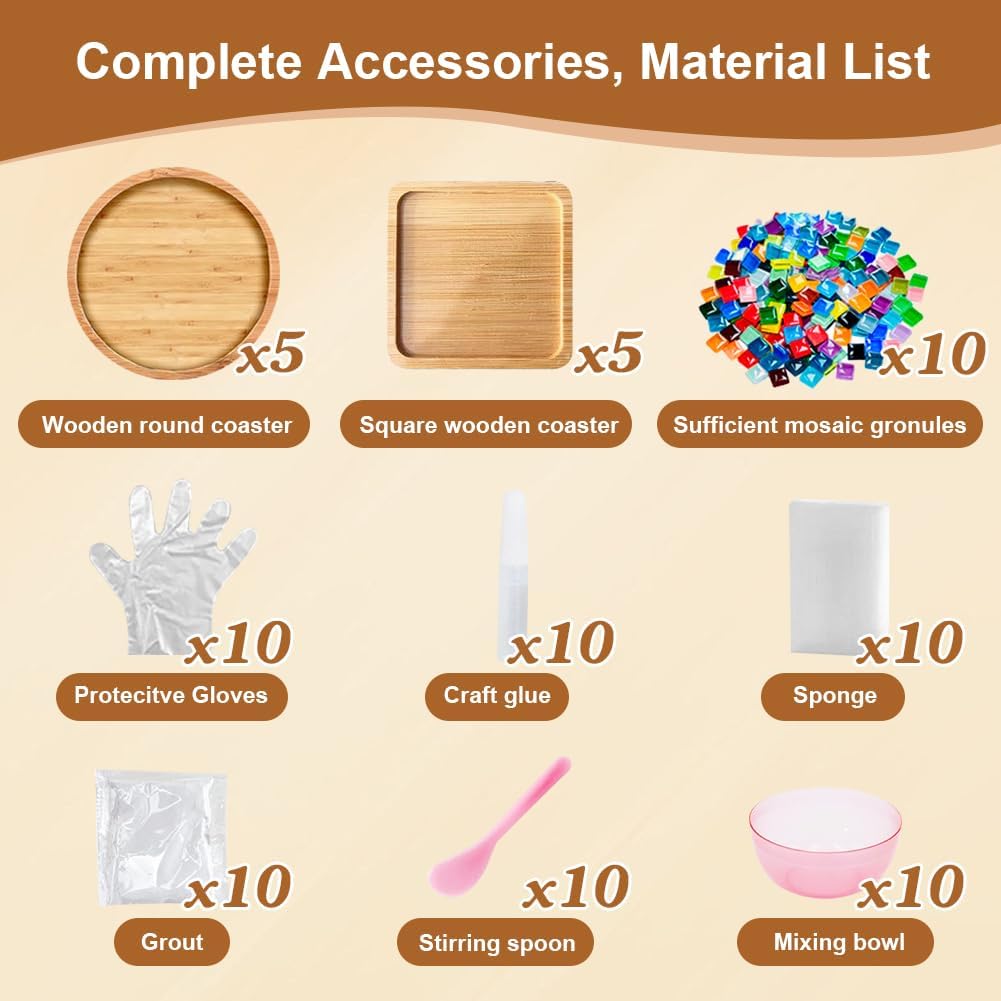 Adboros 10 Sets DIY Glass Mosaic Tiles for Crafts Mixed Color Mosaic Kits with Wooden Coaster for Adults Bamboo Coaster for Drinks Tray Handmade Home Decoration