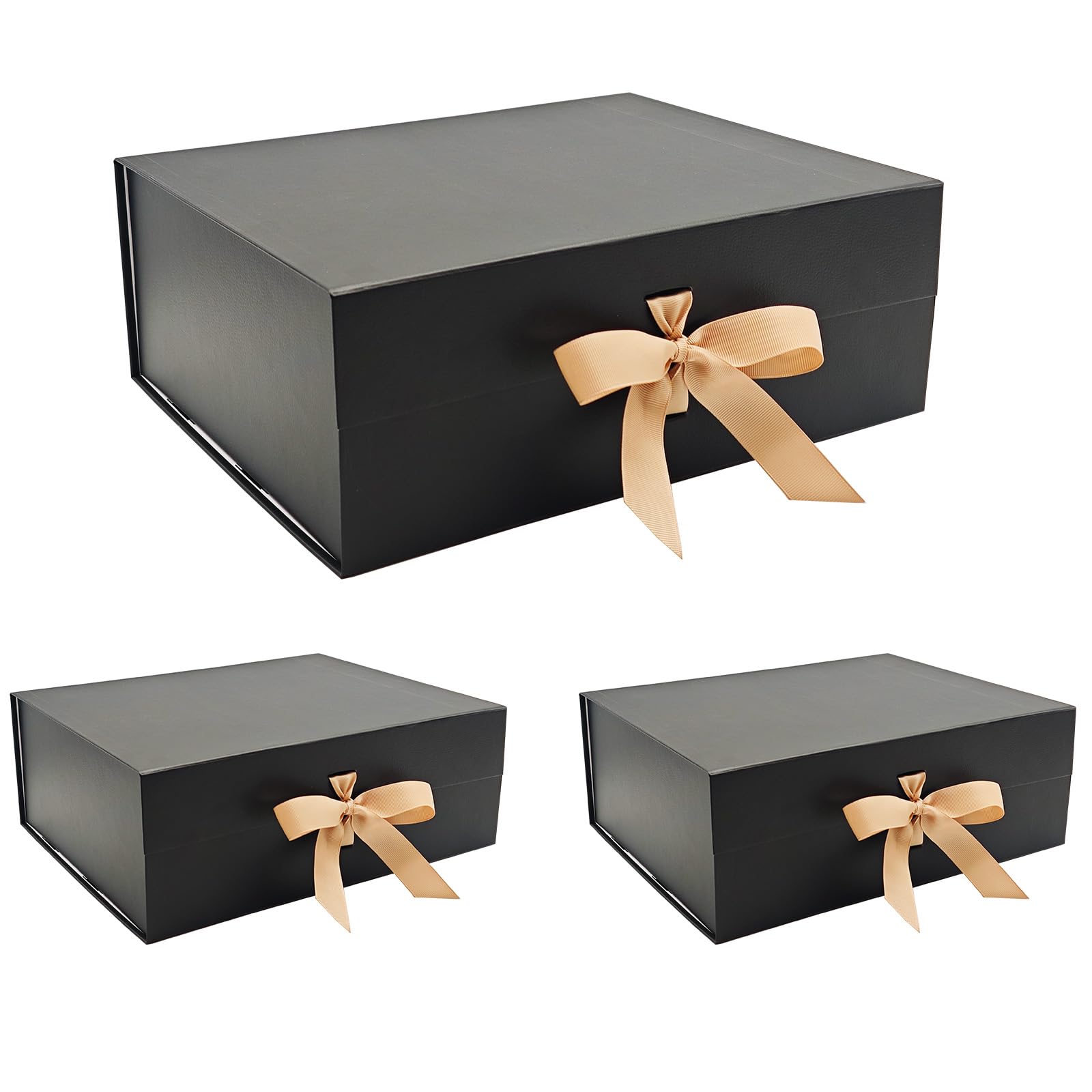 Tekhoho 3 PACK Black Large Gift Box 33.5x27x12.5cm, Premium Present Box with Magnetic Lid and Ribbon for Holidays Wedding Birthday Gift Packaging, Plaid Lining