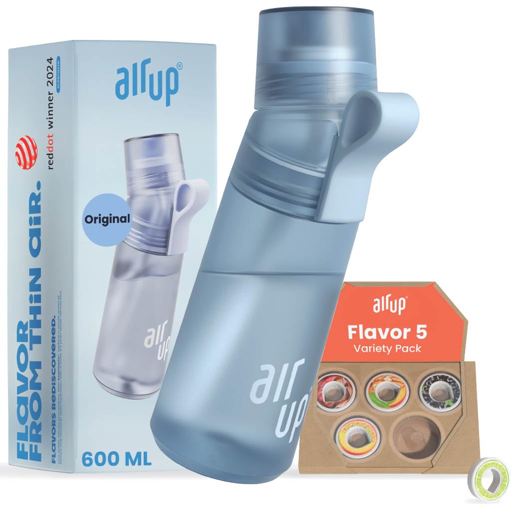 AIR UP Borraccia Twist Pro originale starter set con cialde 5 gusti I Borraccia da 600ml con aromi senza zucchero | Lavabile in lavastoviglie, senza BPA I Colore blu