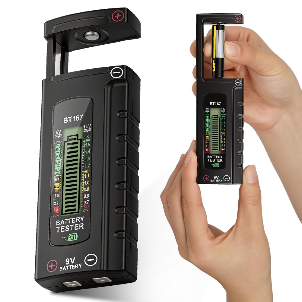 URAQT Tester Digitale per Batterie, Tester Batteria Universale, Display LCD di Facile Lettura, Semplice Universale per Batterie AA, AAA, C, D, 9V, 1.5V Pila a Bottone, Nessuna Batteria Necessaria