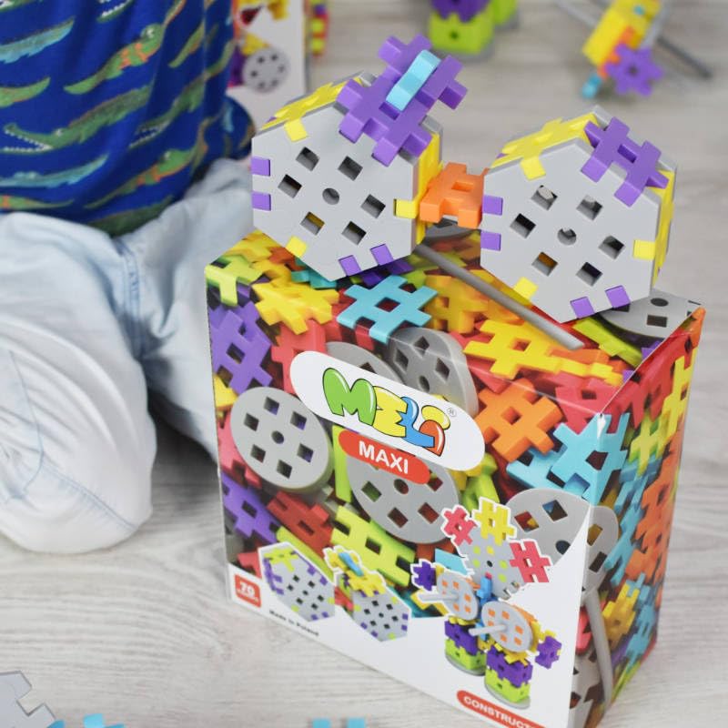 Meli Maxi Constructor Juego de Construcción de Bloques – 70 Piezas, Ruedas, Ejes, Hexágonos, para Niños a Partir de 1 Año, Fomenta la Creatividad y la Motricidad Fina, Duradero, Libre de BPA