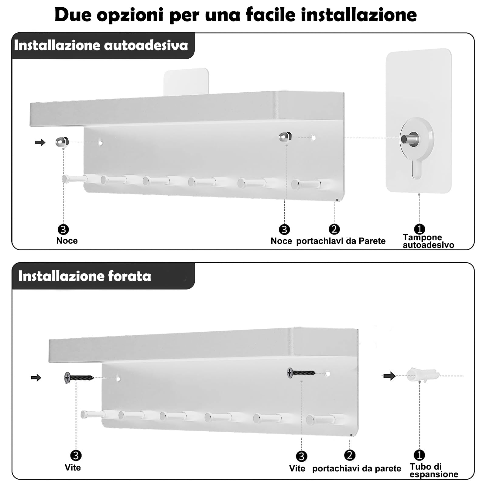 Portachiavi Da Parete Con 6 Ganci - Nero, Con Ripiano, Installazione Adesiva O A Viti, Per Ingresso O Ufficio - Foto 2