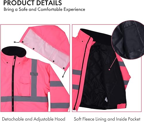 Miniatura 4 de FONIRRA Chaqueta de seguridad reflectante de alta visibilidad, ropa de trabajo, ANSI, impermeable, con forro acolchado, chaqueta ligera para mujeres