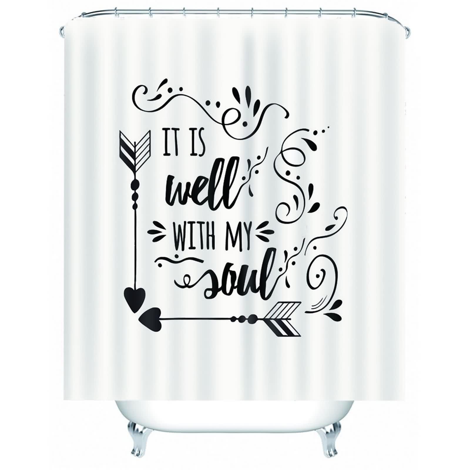 Rideau de douche salle de bain It is Well en tissu blanc et noir pour une ambiance zen