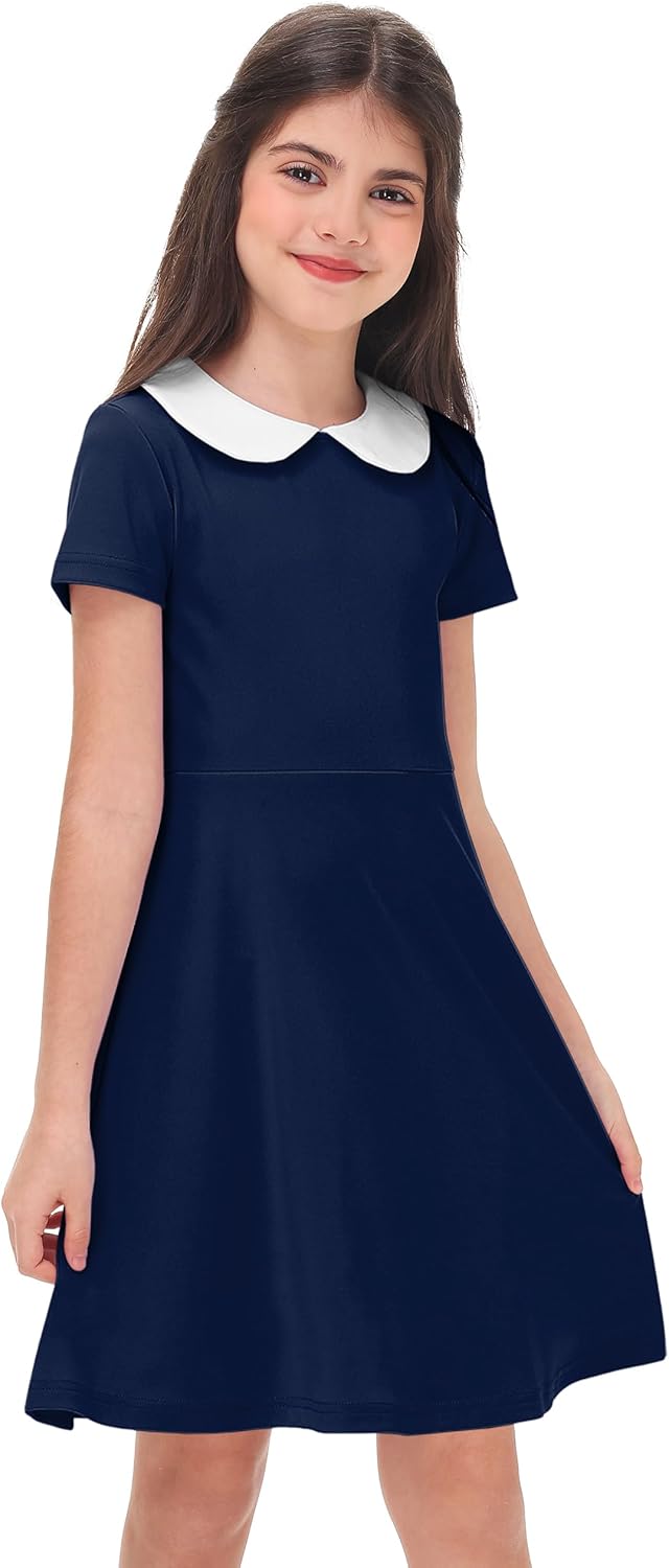 Remimi Girl's Peter Pan Collar Dress Short Sleeve Casual Flare Skater Dresses 5-14 Years
