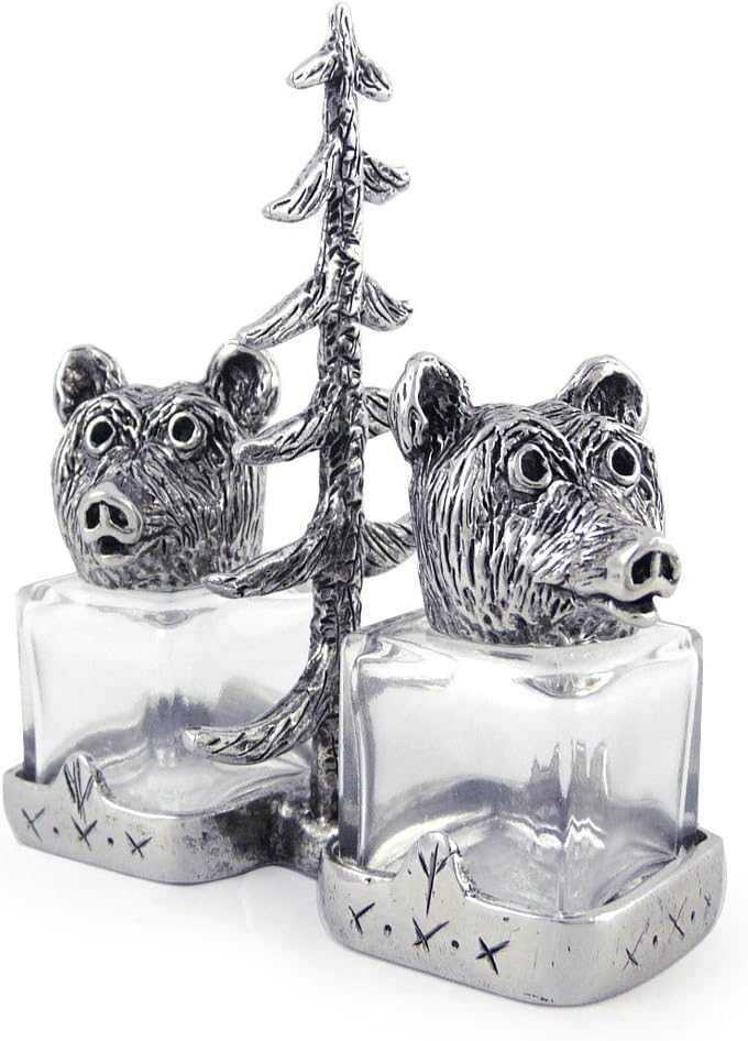 Bears in the Woods Salt & Pepper Shaker Set, Glass and American Made Pewter