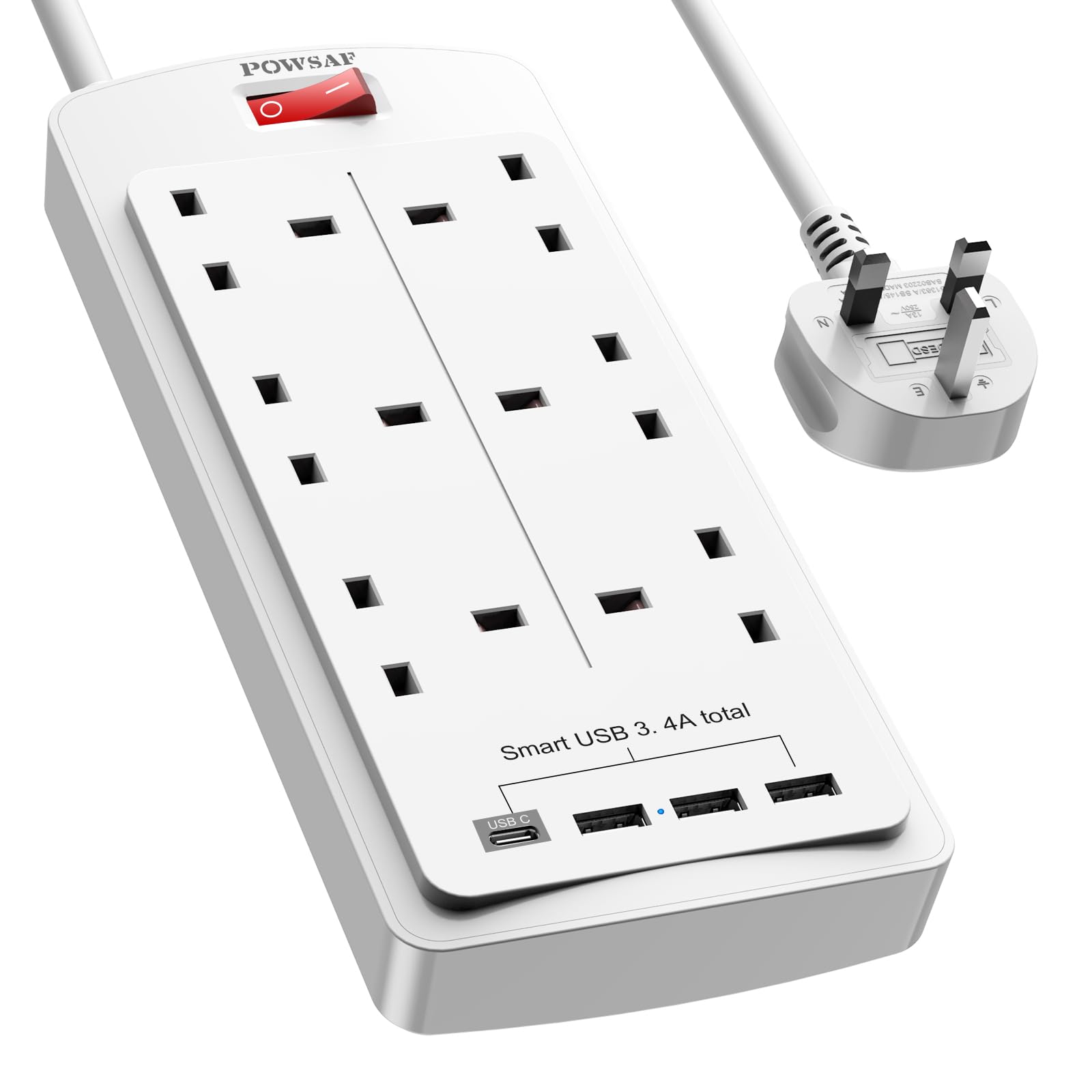 6 Way Extension Lead with 4 USB Slots (3.4A, 1 Type C and 3 USB-A Ports),POWSAF Power Strip Cord with 6 Plug Extension Socket and 2M Extension Cable for Home Office Travel,White