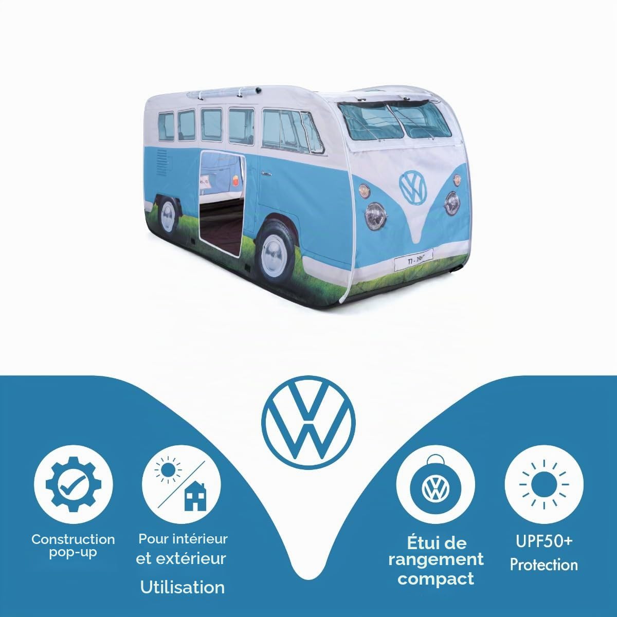 Collection VW - Tente de Jeu popup pour Enfants Volkswagen en Design Combi T1 165 cm (Face du Combi/Bleu)