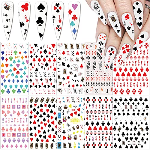Poker Nail Art Stickers 3D Self-Adhesive Nail Decals Nail Art Supplies Fashion Playing Cards Designer Nail Stickers Red Heart Diamond Spades Geometric Letters Nail Designs for Acrylic Nails (10 Pcs)