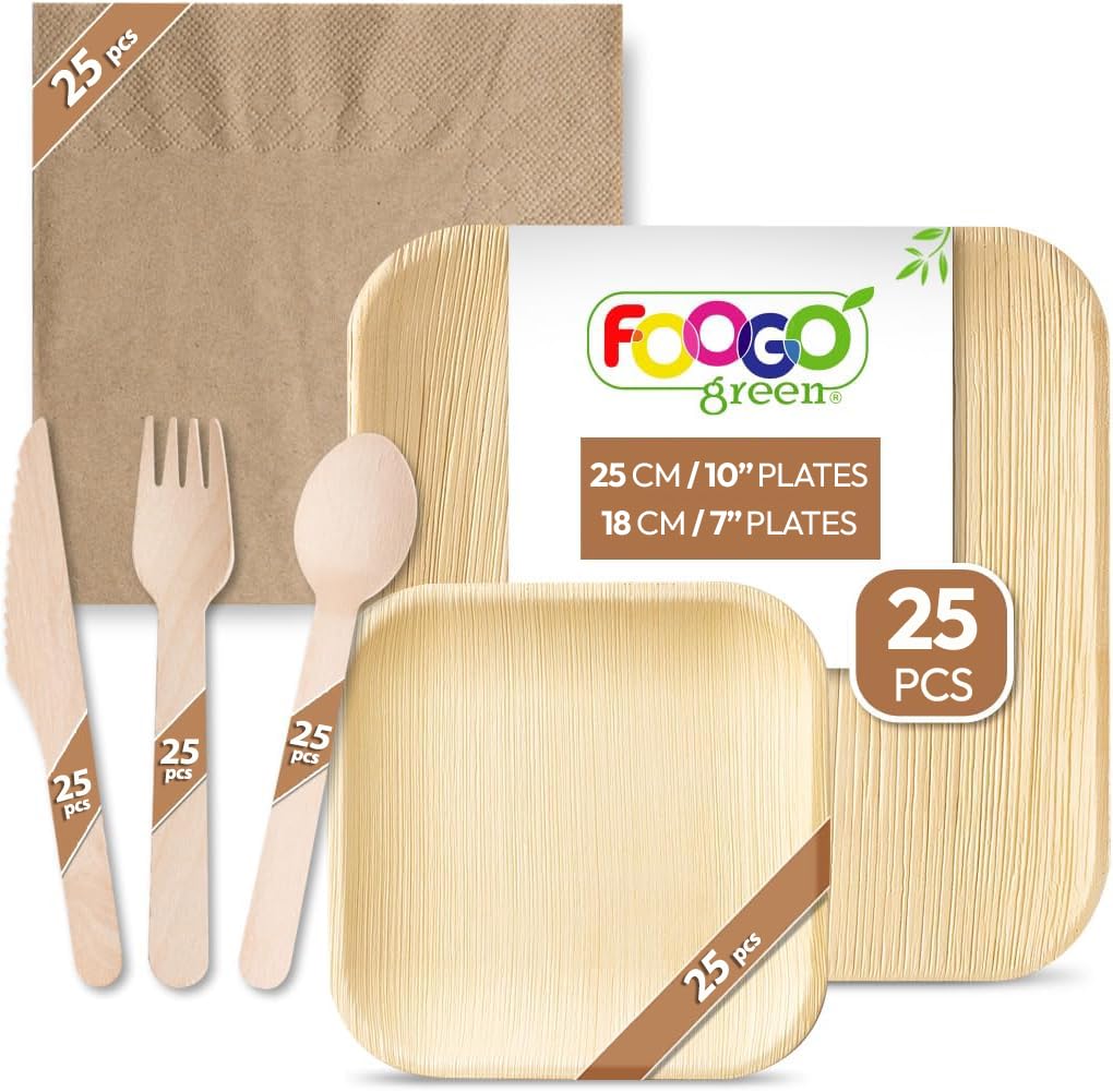 FOOGO Green 150pcs Disposable Palm Leaf Plates Wooden Cutlery Set and Brown Napkins, FSC® Certified, 25x Large Square, 25x Small Side Plates, 25x Forks, 25x Knives, 25x Spoons, 25x Napkins — image 1