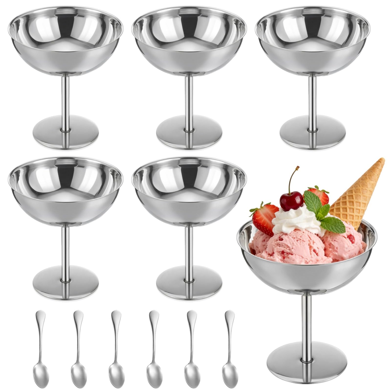 6 Stk. Eisbecher aus Edelstahl mit Löffeln, 6,8 Fl Oz Dessertschalen mit hohem Stiel, silberne Metalldessertbecher für Partys, Bankette, Familienfeiern und Restaurants