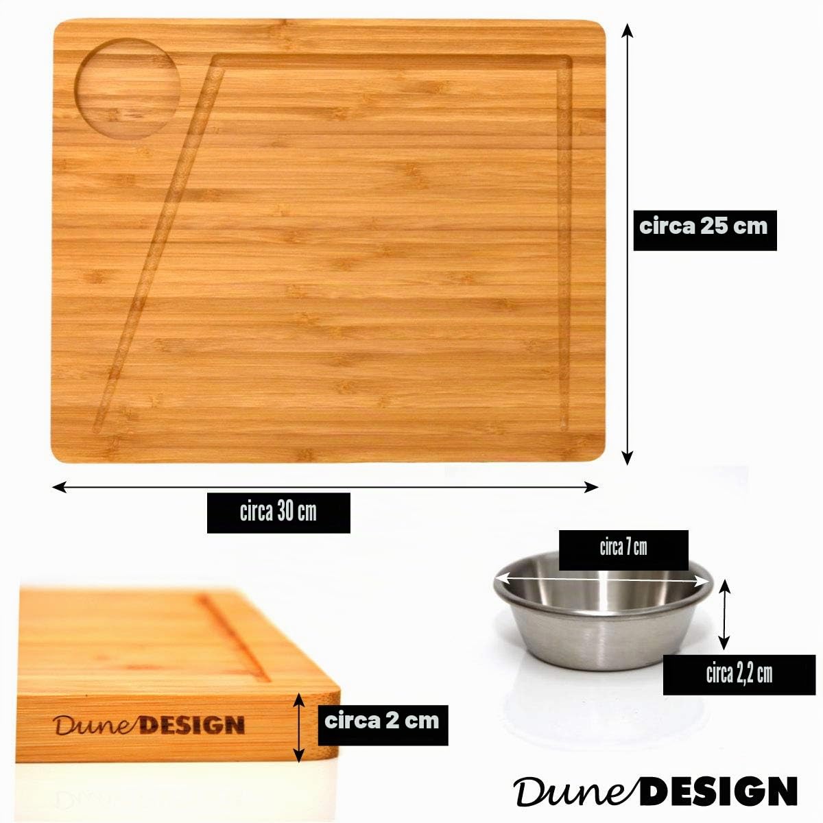 DuneDesign Set di 4 - Tagliere in bambù con Salsiera - 30x25 cm Piatto in Legno per Bistecca
