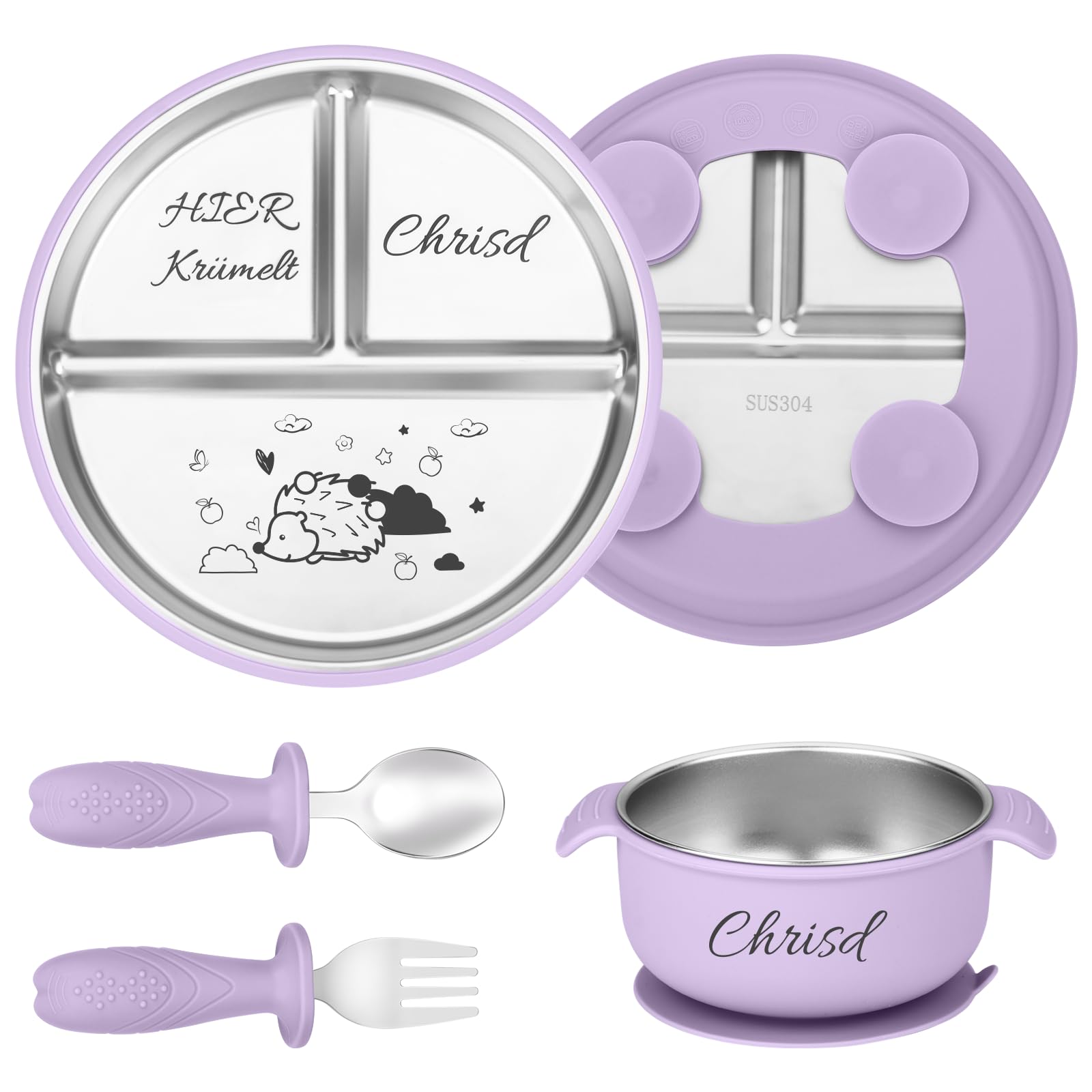 OXYEFEI Personalisierter Babyteller mit Saugnapf, Edelstahl Teller Baby mit Namen Beikost Baby Zubehör Personalisierte Geburtstags und Taufgeschenke (Lila)