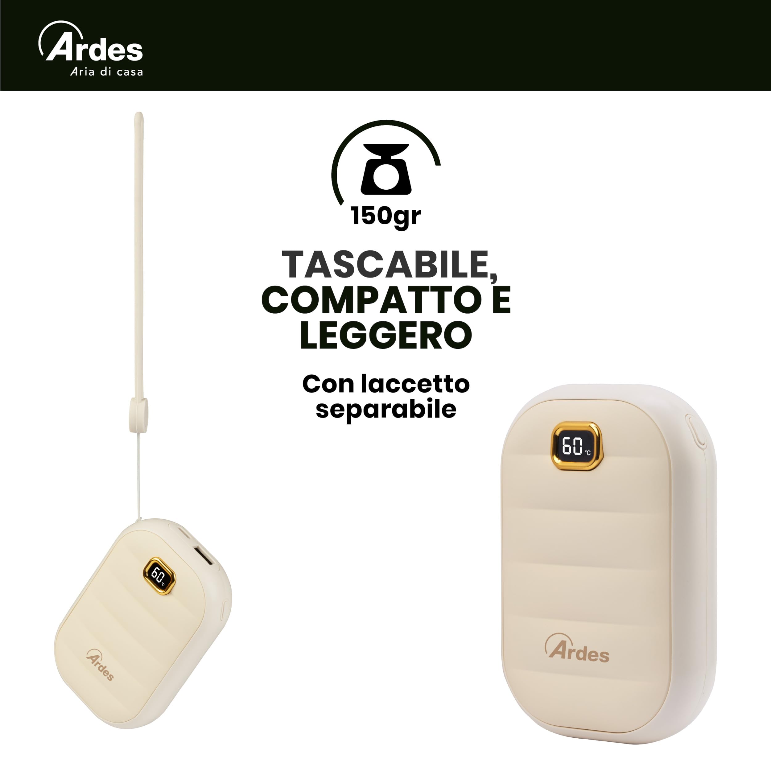 Ardes AR080 Scaldamani Elettrico Portatile, Scaldino Ricaricabile Powerbank 4000 mAh, USB Riutilizzabile Riscaldatore, 4 Livelli di Calore, Scalda Mani Tascabile