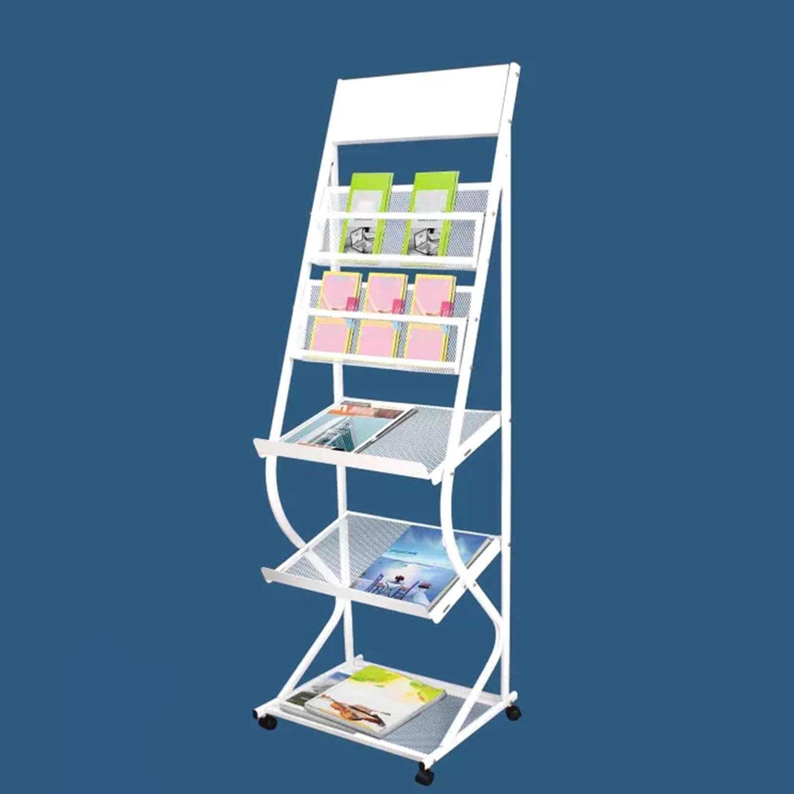 ASerZenith Floor Standing Magazine Rack, Outdoor Product Exhibition Display Trifold Brochure Rack with Wheels and Shelf, Space Saving