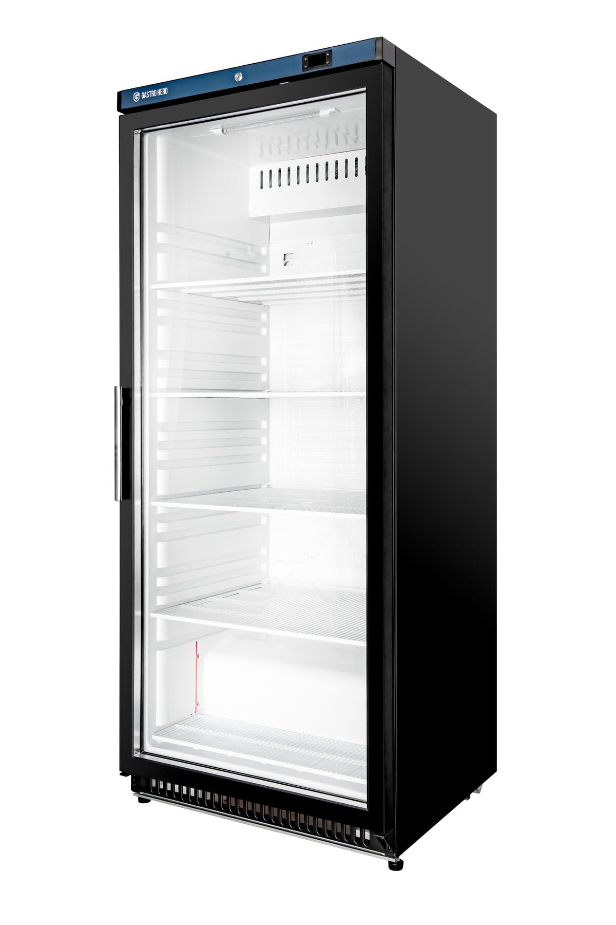 GastroHero Frigorifero ECO 600 con porta in vetro, nero, 562 litri, frigorifero commerciale con illuminazione a LED, raffreddamento ad aria, da 2 a +8 °C, termostato digitale, chiudibile, R600a