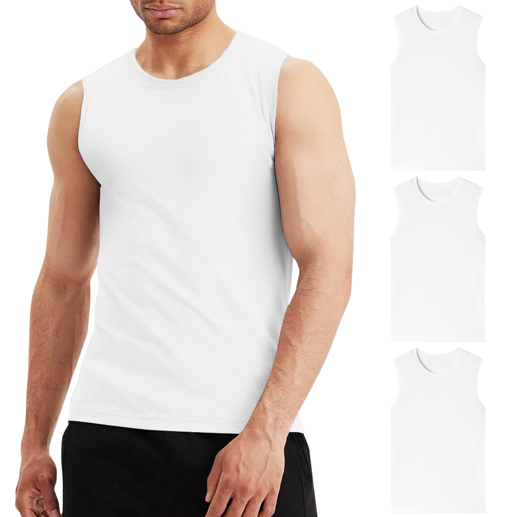 LiKing 3er Pack Unterhemden Herren 100% Baumwolle Tank Top Herren Gym Ärmelloses Unterhemd Ärmellos mit Rundhals Muskelshirt Sport Herren-Unterhemden Mehrfarbig Weiß S