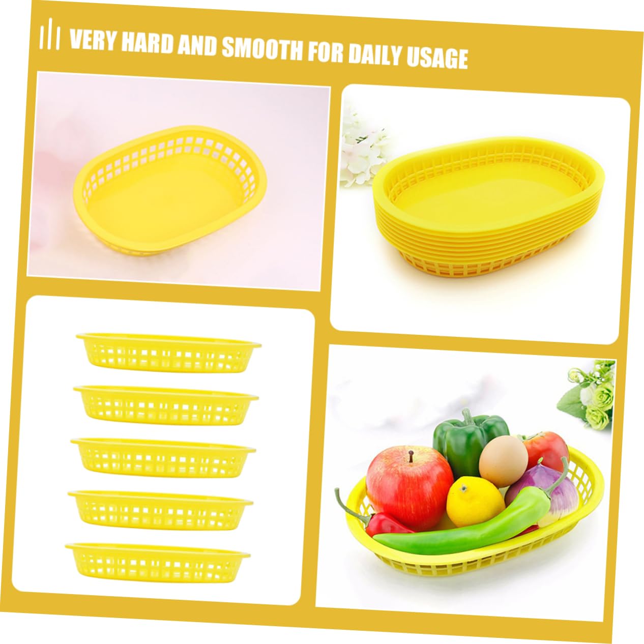 SHOWERORO Panier Alimentaire Ovale Réutilisable 12 Pièces Plastique Jaune Léger Pratique Pour Restauration Rapide Snacks Frites Fruits Buffet Ktv Corbeille Multifonctionnelle